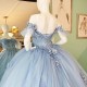 Women Sky Blue Shiny Ball Gown for Quinceanera Dresses 3D Flowers Beads Appliques Tull Corset Vestidos 15 De XV Anos