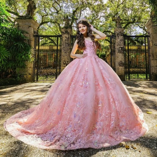 Off The Shoulder Beading Crystal Pink Quinceanera Dresses Ball Gown Appliques Lace Tull Sweet 15 Vestidos De XV Anos