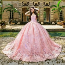 Off The Shoulder Beading Crystal Pink Quinceanera Dresses Ball Gown Appliques Lace Tull Sweet 15 Vestidos De XV Anos