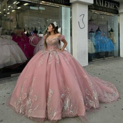 Off The Shoulder Beading Pink Quincenara Dresses Ball Gown Appliques Lace Tull Sweet 15 Vestidos De XV Anos