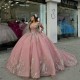 Off The Shoulder Beading Pink Quincenara Dresses Ball Gown Appliques Lace Tull Sweet 15 Vestidos De XV Anos