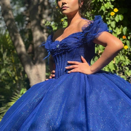 Off The Shoulder Crystal Ball Gown Blue Shiny Quinceanera Dresses Sequined Appliques Lace Beads Sweet 16 Vestidos De 15 Anos