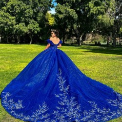 Off The Shoulder Crystal Ball Gown Blue Shiny Quinceanera Dresses Sequined Appliques Lace Beads Sweet 16 Vestidos De 15 Anos