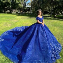 Off The Shoulder Crystal Ball Gown Blue Shiny Quinceanera Dresses Sequined Appliques Lace Beads Sweet 16 Vestidos De 15 Anos