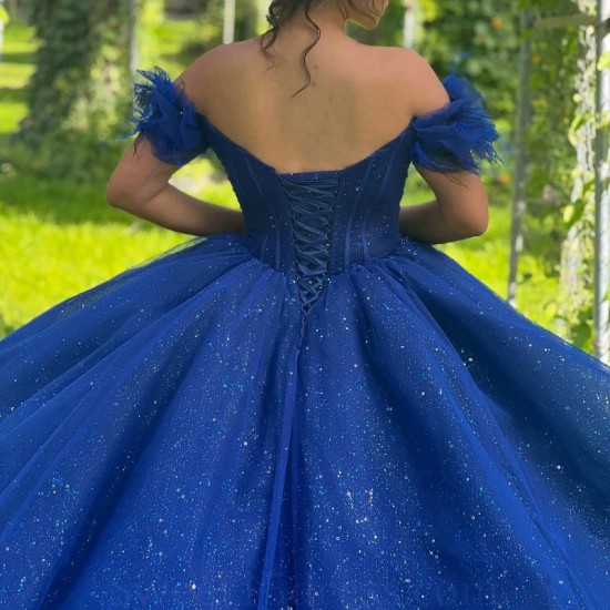 Off The Shoulder Crystal Ball Gown Blue Shiny Quinceanera Dresses Sequined Appliques Lace Beads Sweet 16 Vestidos De 15 Anos