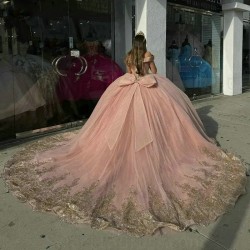 Off The Shoulder Crystal Ball Gown Pink Quinceanera Dresses Gold Sequined Appliques Beads Bow Sweet 16 Vestidos De 15 Anos