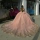 Off The Shoulder Crystal Ball Gown Pink Quinceanera Dresses Gold Sequined Appliques Beads Bow Sweet 16 Vestidos De 15 Anos