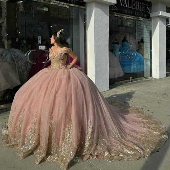 Off The Shoulder Crystal Ball Gown Pink Quinceanera Dresses Gold Sequined Appliques Beads Bow Sweet 16 Vestidos De 15 Anos