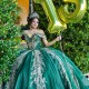 Off The Shoulder Emerald Green Quinceanera Dress Crystal Ball Gown Gold Appliques Lace Beads Corset Sweet 15 Vestidos De