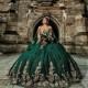 Off The Shoulder Emerald Green Quinceanera Dresses Gold Applique Lace Beaded Ball Gown Vestidos De 15 Anos Sweet 16