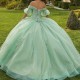 Off The Shoulder Green Shiny Quinceanera Dress Ball Gown Applique Lace Beads Crystal Tull Corset Sweet 15 Vestidos De XV