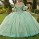 Off The Shoulder Green Shiny Quinceanera Dress Ball Gown Applique Lace Beads Crystal Tull Corset Sweet 15 Vestidos De XV