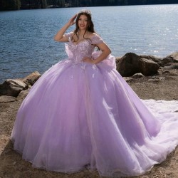 Off The Shoulder Lavender Lilac Quinceanera Dress Ball Gown Bow Crystal Beading Tull Sweet 16 Vestido De 15 Anos