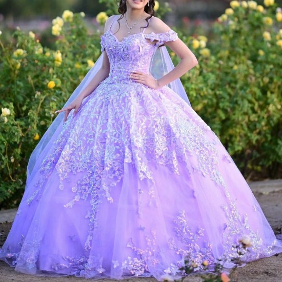 Off The Shoulder Lavender Princess Quinceanera Dresses Ball Gown Floral Lace Beads Corset Sweet 15 Vestidos De XV Anos