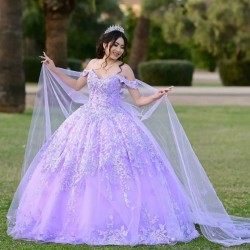 Off The Shoulder Lavender Princess Quinceanera Dresses Ball Gown Floral Lace Beads Corset Sweet 15 Vestidos De XV Anos