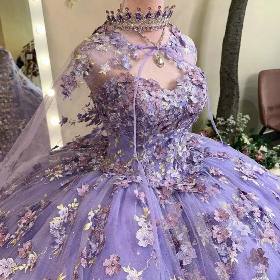 Off The Shoulder Lavender Shiny Ball Gown Quinceanera Dresses Applique Lace Tull With Cape Sweet 16 Corset Vestidos De 15 Anos