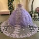 Off The Shoulder Lavender Shiny Ball Gown Quinceanera Dresses Applique Lace Tull With Cape Sweet 16 Corset Vestidos De 15 Anos