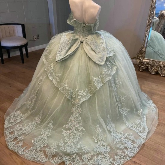 Off The Shoulder Light Green Princess Quinceanera Dresses Lace Appliques Beads Tull Sweet 16 Ball Gown Vestido De 15 Anos