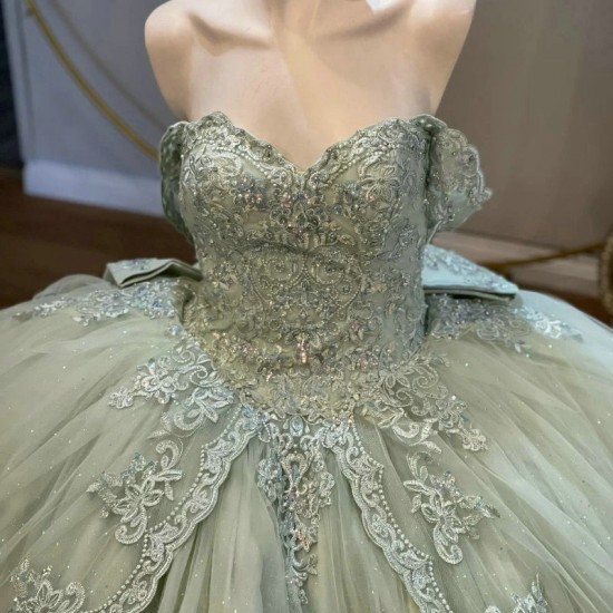 Off The Shoulder Light Green Princess Quinceanera Dresses Lace Appliques Beads Tull Sweet 16 Ball Gown Vestido De 15 Anos