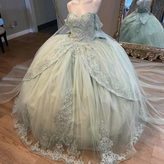 Off The Shoulder Light Green Princess Quinceanera Dresses Lace Appliques Beads Tull Sweet 16 Ball Gown Vestido De 15 Anos