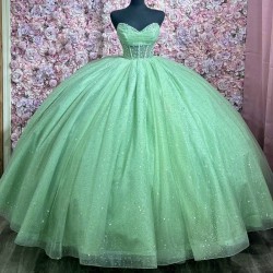 Off The Shoulder Light Green Shiny Quinceanera Dress Ball Gown Beads Tull Corset Sweet 15 Vestidos De XV Anos Party Princess 16