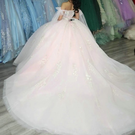 Off The Shoulder Light Pink Quinceanera Dresses Sweet 15 Gowns Applique Lace Bead Tull Vestidos De 15 Quinceanera