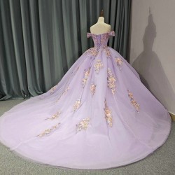 Off The Shoulder Lilac Quinceanera Dress Ball Gown 3D Flowers Appliques Beads Tull Corset Sweet 15 Vestidos De XV Anos