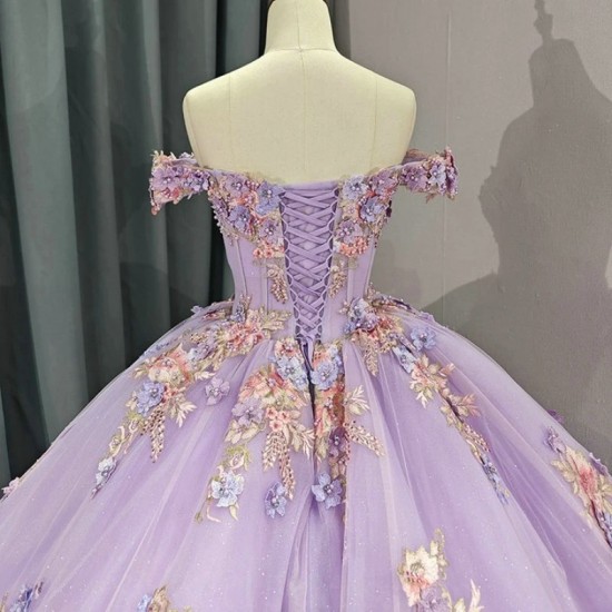 Off The Shoulder Lilac Quinceanera Dress Ball Gown 3D Flowers Appliques Beads Tull Corset Sweet 15 Vestidos De XV Anos