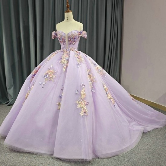 Off The Shoulder Lilac Quinceanera Dress Ball Gown 3D Flowers Appliques Beads Tull Corset Sweet 15 Vestidos De XV Anos