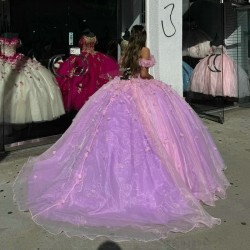 Off The Shoulder Lilac Quinceanera Dress Ball Gown 3D Flowers Beads Crystal Tull Corset Sweet 15 Vestidos De XV Anos