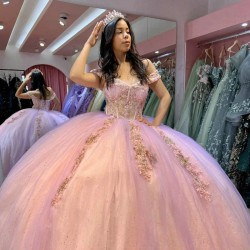 Off The Shoulder Lilac Quinceanera Dress Lace Applique Sequins Beading Tull Mexican Sweet 16 Vestidos De XV 15 Anos Birthday