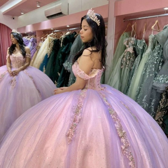 Off The Shoulder Lilac Quinceanera Dress Lace Applique Sequins Beading Tull Mexican Sweet 16 Vestidos De XV 15 Anos Birthday