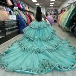 Off The Shoulder Mint Green Quinceanera Dresses Flower Tulle Beading Party Dress Appliques Beads Lace Up Court Train Prom Ball