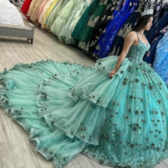 Off The Shoulder Mint Green Quinceanera Dresses Flower Tulle Beading Party Dress Appliques Beads Lace Up Court Train Prom Ball