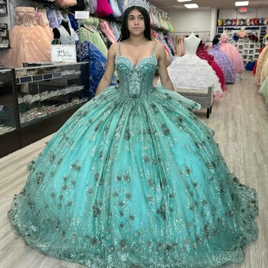 Off The Shoulder Mint Green Quinceanera Dresses Flower Tulle Beading Party Dress Appliques Beads Lace Up Court Train Prom Ball