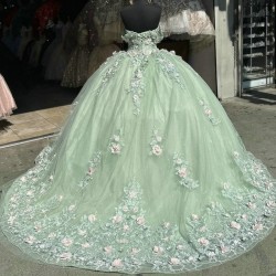 Off The Shoulder Mint Green Shiny Quinceanera Dresses Sweet 16 Gowns 3D Flower Applique Lace Tull Vestidos 15 De Quinceaner