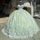 Off The Shoulder Mint Green Shiny Quinceanera Dresses Sweet 16 Gowns 3D Flower Applique Lace Tull Vestidos 15 De Quinceaner