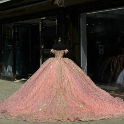 Off The Shoulder Pink Glitter Ball Gown Quinceanera Dresses Gold Applique Lace Beading Tull Corset Vestidos De 15 Anos