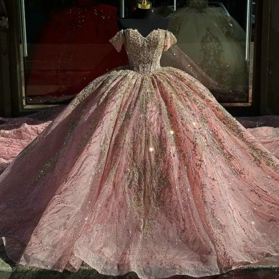 Off The Shoulder Pink Glitter Ball Gown Quinceanera Dresses Gold Applique Lace Beading Tull Corset Vestidos De 15 Anos