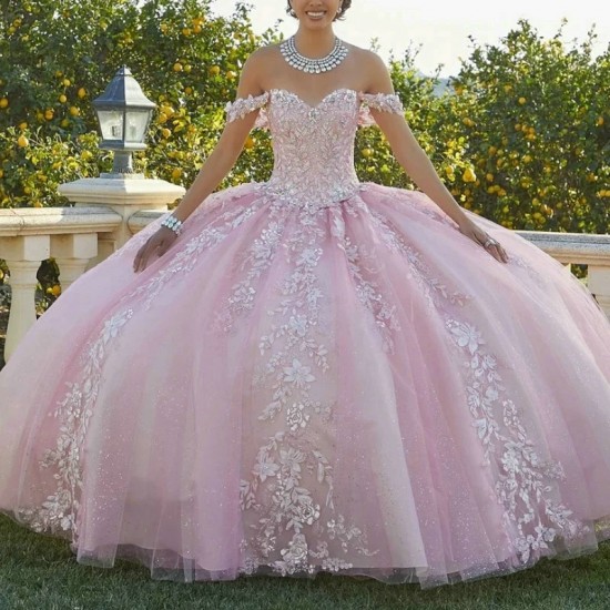 Off The Shoulder Pink Quinceanera Dress Appliques Lace Beads Sequin For 16 Girls Ball Formal Gowns vestidos de 15