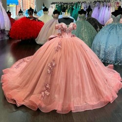 Off The Shoulder Pink Quinceanera Dresses Applique Lace Flower Sweetheart Evening Dresses Puffy Party Dress Crystal Beading Ball