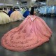 Off The Shoulder Pink Quinceanera Dresses Applique Lace Flower Sweetheart Evening Dresses Puffy Party Dress Crystal Beading Ball