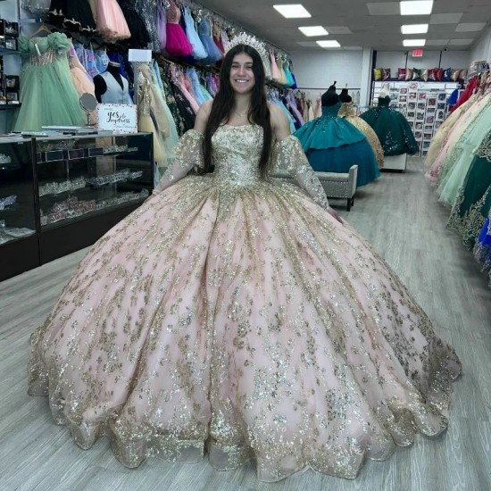 Off The Shoulder Pink Sparkling Quinceanera Dress Beading Gold Appliques Lace Bow Ball Gown Birthday Formal Party Gown