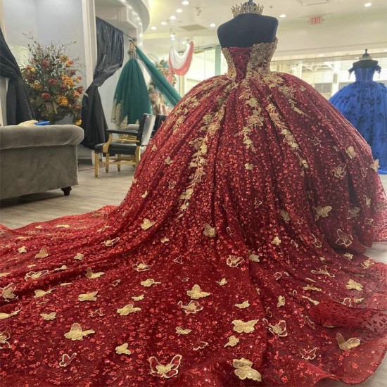 Off The Shoulder Puffy Princess Red Quinceanera Dress Ball Gown Gold Appliques Lace Bow Beads Corset Sweet 16 Vestidos De 15 Anos