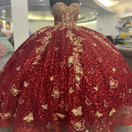 Off The Shoulder Puffy Princess Red Quinceanera Dress Ball Gown Gold Appliques Lace Bow Beads Corset Sweet 16 Vestidos De 15 Anos