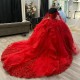 Off The Shoulder Red Ball Gown Applique Lace Beaded Sequined Quinceanera Dress Princess Sweet 16 15Year Girl Party Dress