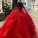 Off The Shoulder Red Ball Gown Applique Lace Beaded Sequined Quinceanera Dress Princess Sweet 16 15Year Girl Party Dress