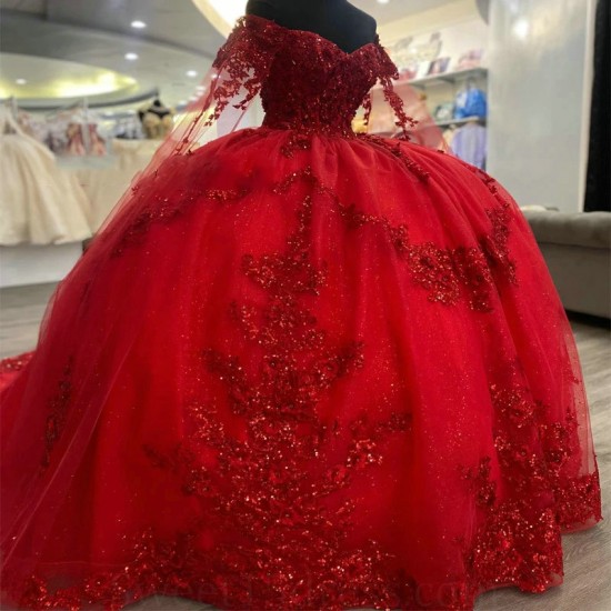 Off The Shoulder Red Ball Gown Applique Lace Beaded Sequined Quinceanera Dress Princess Sweet 16 15Year Girl Party Dress