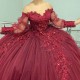 Off The Shoulder Red Shiny Quinceanera Dress Ball Gown Applique Lace Beading Tull Tiered Long Sleeved Corset Vestidos 15 De