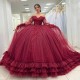 Off The Shoulder Red Shiny Quinceanera Dress Ball Gown Applique Lace Beading Tull Tiered Long Sleeved Corset Vestidos 15 De